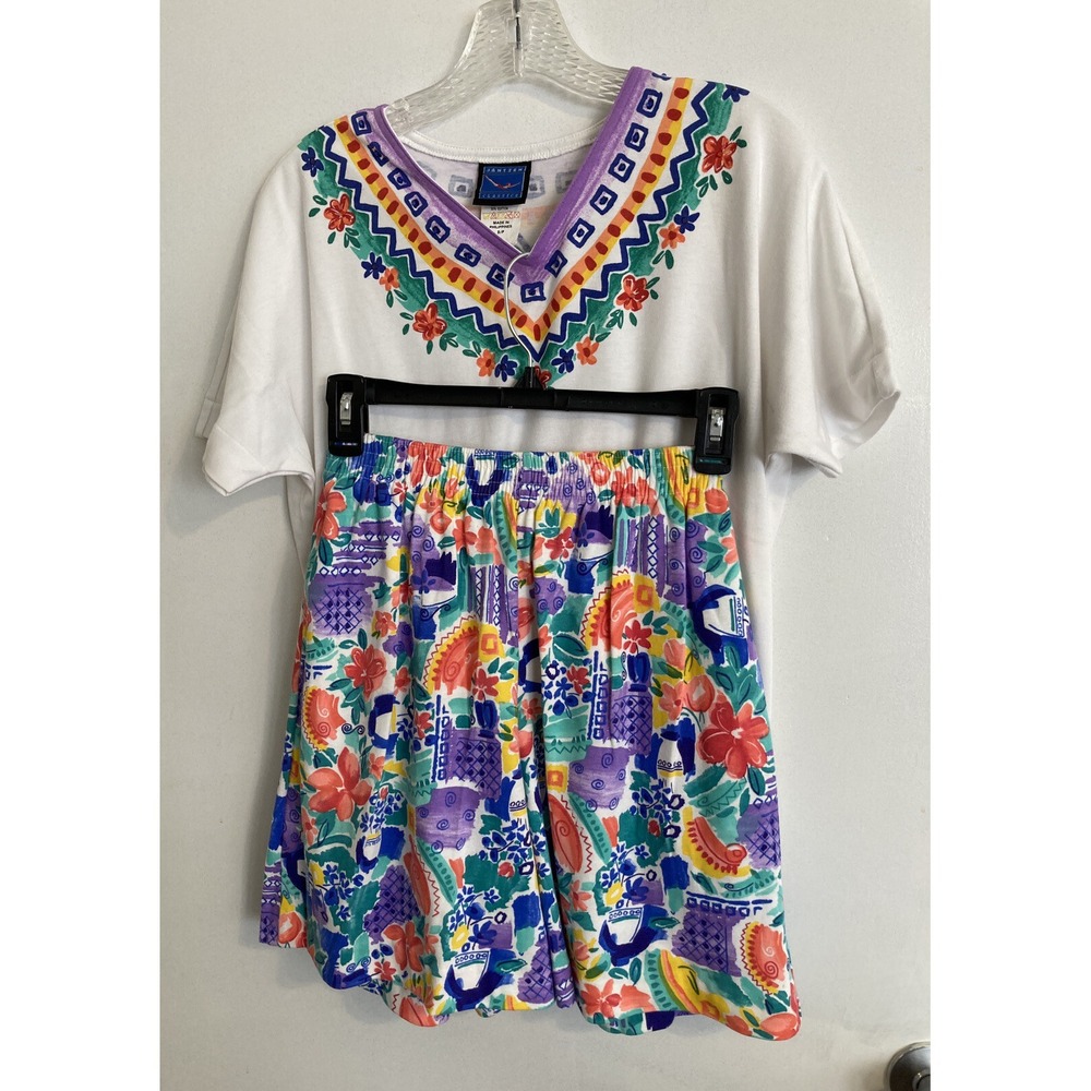Vintage Jantzen Classics Women's 2pc Suit Small Sm White Tribal Shirt Short #39